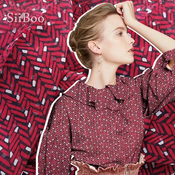 

American style red geometric print 100% natural silk chiffon fabric apparel for dress pure silk tissu telas fabrc 6mm SP5365