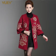 Женское шерстяное пальто среднего возраста, осенняя и зимняя одежда, Национальная вышивка, толстое шерстяное черное красное пальто, вышитое от M до 4XL
