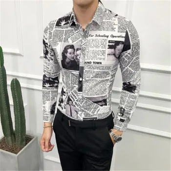 

2018 Designer Pattern Shirt Newspaper Shirt Camisa Social Masculina Stylish Shirt For Men Party Club Unique Shirt Slim Fit 5xl
