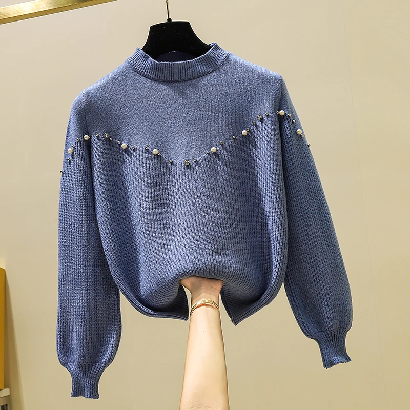 

Autumn Winter Knit Sweaters Women 2019 Elegant Beading Blue Casual Loose Jumper Pullovers Female