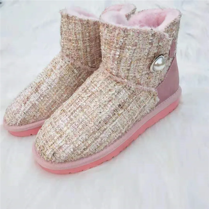Новые стильные женские зимние ботинки; модные теплые Брендовые женские зимние ботинки из натуральной кожи; Botas Mujer - Цвет: pink wool inside