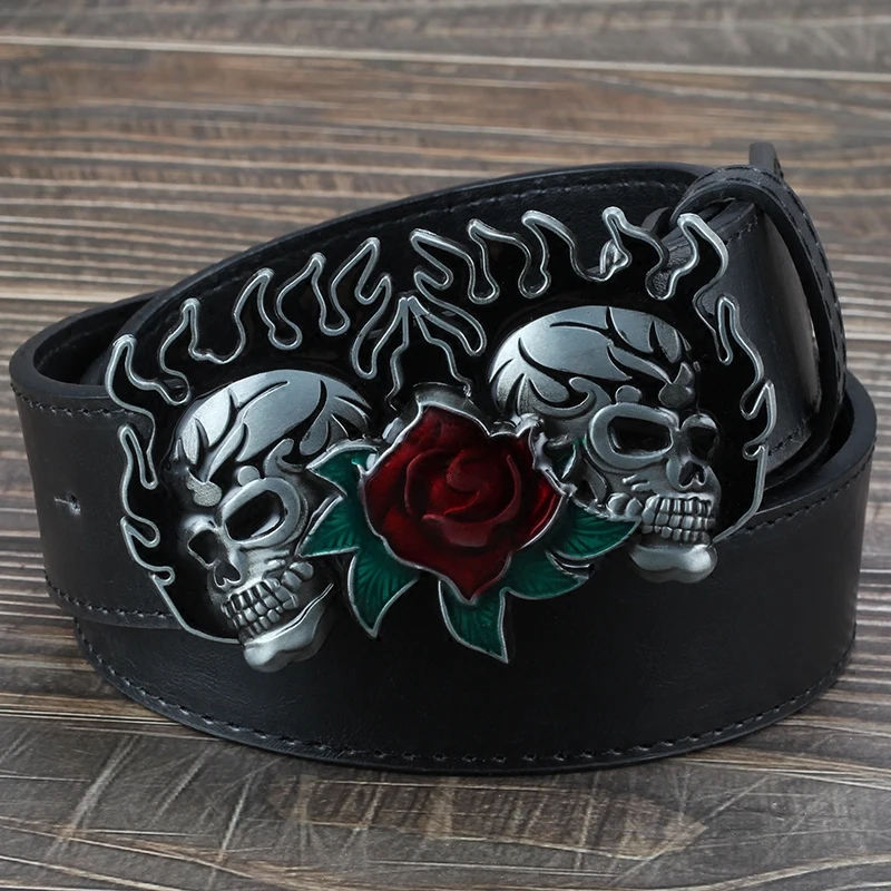 

3.8cm Width Flower Flame Double Skull Decorative Belt Men Skulls Buckle Punk Belts Luxury Brand Brown Black White 95 - 130cm