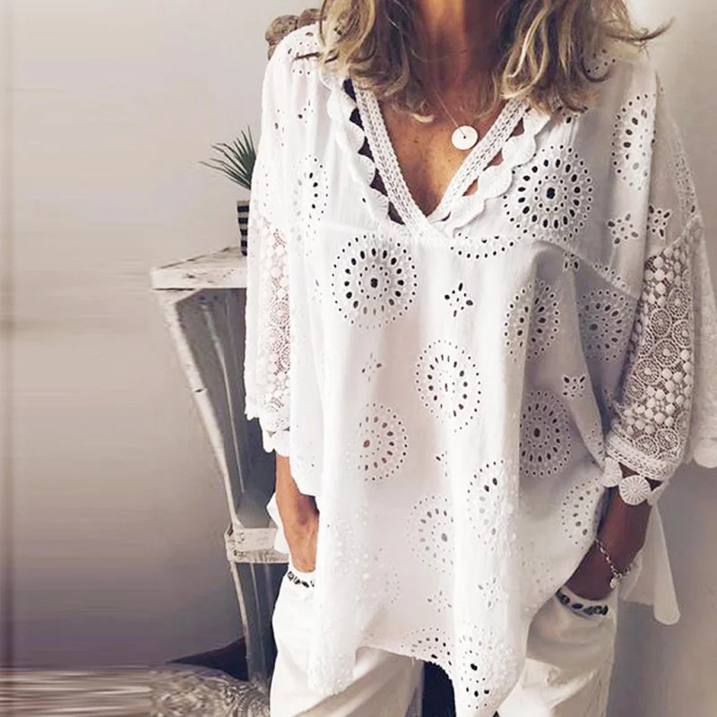 

Women blouse Hollow Out Lace Patchwork tops women plus size 5xl Geometry v-neck summer Shirt vrouw Blouse large sizeTops