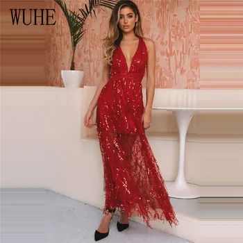 

WUHE Gorgeous Red Sequined Loose Dress Sexy Backless Spaghetti Strap V Neck Elegant Bling Dress Femme Glitter Party Wear