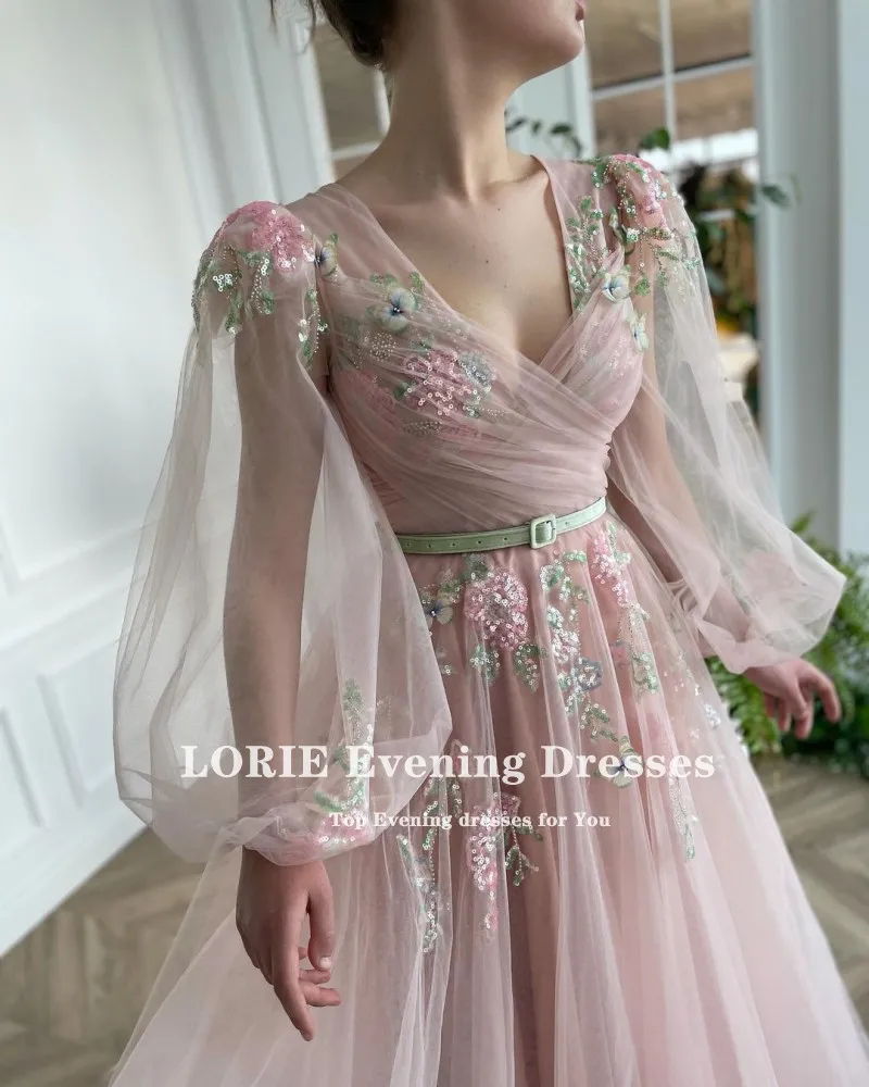 LORIE Fairy Prom Dress V Neck Appliques Flowers Pink Long Puff Sleeve Party Dress for Graduation Celebrity robe fete femme
