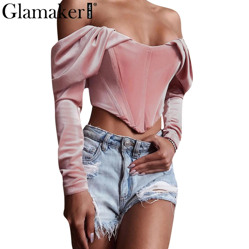 Glamaker с открытыми плечами розовая Вельветовая блузка рубашка женская плиссированная с длинным рукавом винтажная блузка весенние сексуальные элегантные вечерние клубный кроп-топ