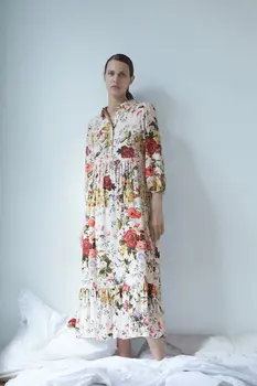 

2020 Summer New Long-sleeved Flower Floral Print Zaraing Vadiming Sheining Zafuler Sukienka Boho Women Female Dress Hjh4228