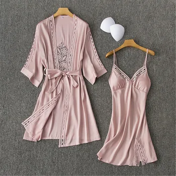 

2PCS Robe Set For Young Lady Hollow Out Sleep Set Kimono Bathrobe Gown Sexy Lace Sleepwear Satin Home Dressing Gown Nightgown