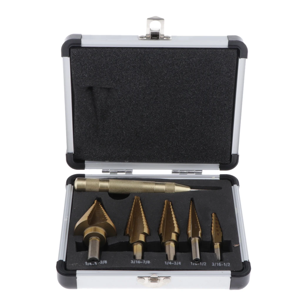 5Pcs Titanium Step Drill Bit Set, High Speed Steel, 1/8'' - 7/8'', with HSS Multiple Hole Drilling Cutting with Storage Case