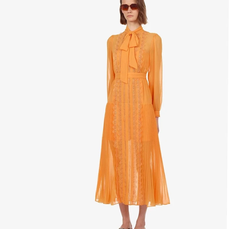 

Lace Embroidery Elegant Woman Maxi Dress Bow Collar High Waist Draped Perspective Solid Dress Female Fashion 2019 New