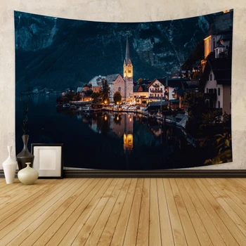 

Cassisy Tapestry Lakeside town night view Wall Hanging Artwork Tapestries Carpet Decor Wall Cloth Beach Towel Home Decoration