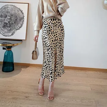 

90s Skirt Trend Naomi Wild Things skrit midi slip Silk Satin leopard print Elastic Waist Slip Midi Skirt