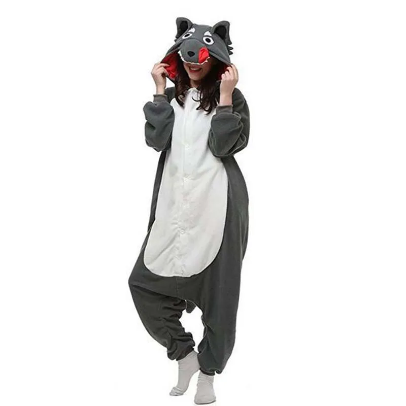 Women Pajamas Wolf Kigurumi Animal Onesie For Adults Fleece One-Piece Pyjamas Halloween Full Body Christmas Cosplay Costume Gift