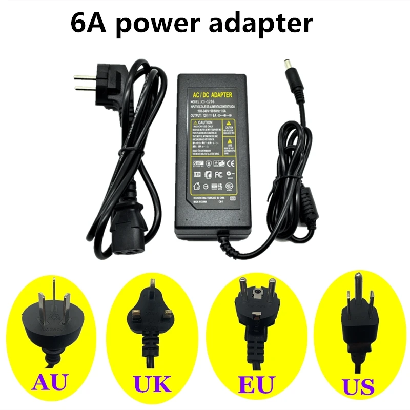 

Power adapter input: AC100-240V 12V-6A, suitable for RGB SMD 2835 5050 LED strips above 20M, adapter plug: EU AU US UK