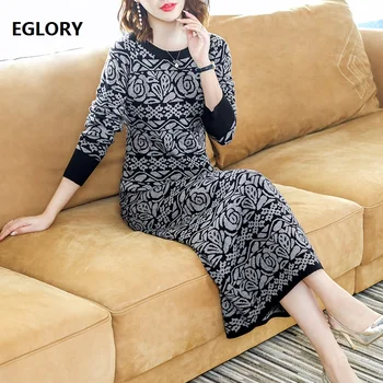 

Long Sleeve Sweater Dress 2019 Autumn Winter Clothing Women Vintage Flower Patterns Knitting Mid-Calf Length Dress Female