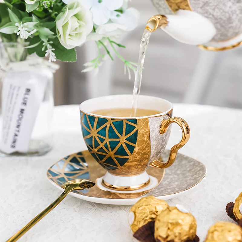 Luxury Bone China Tea Cup Saucer Spoon Set 250ml Coffee Cup Gold Porcelain Tea Set Ceramic Teacup Cafe Espresso Cup Dropship - Cups & Saucers - ...