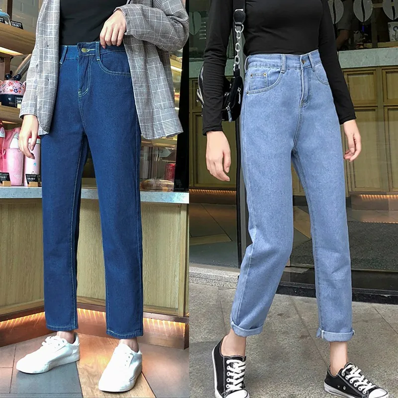 Прямые джинсы с высокой талией, однотонные тонкие женские брюки длиной до щиколотки, осенне-зимние джинсовые брюки