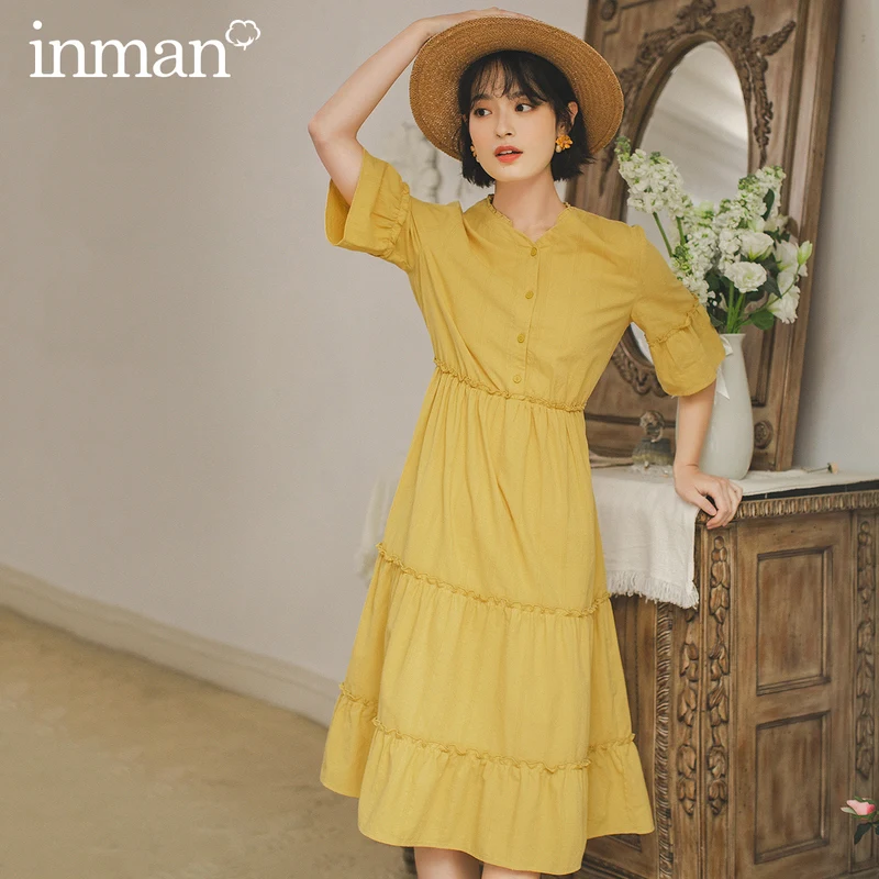 

INMAN 2020 Summer New Arrival Pure Cotton V-neck Stringy Selvedge French Style Short Sleeve Dress