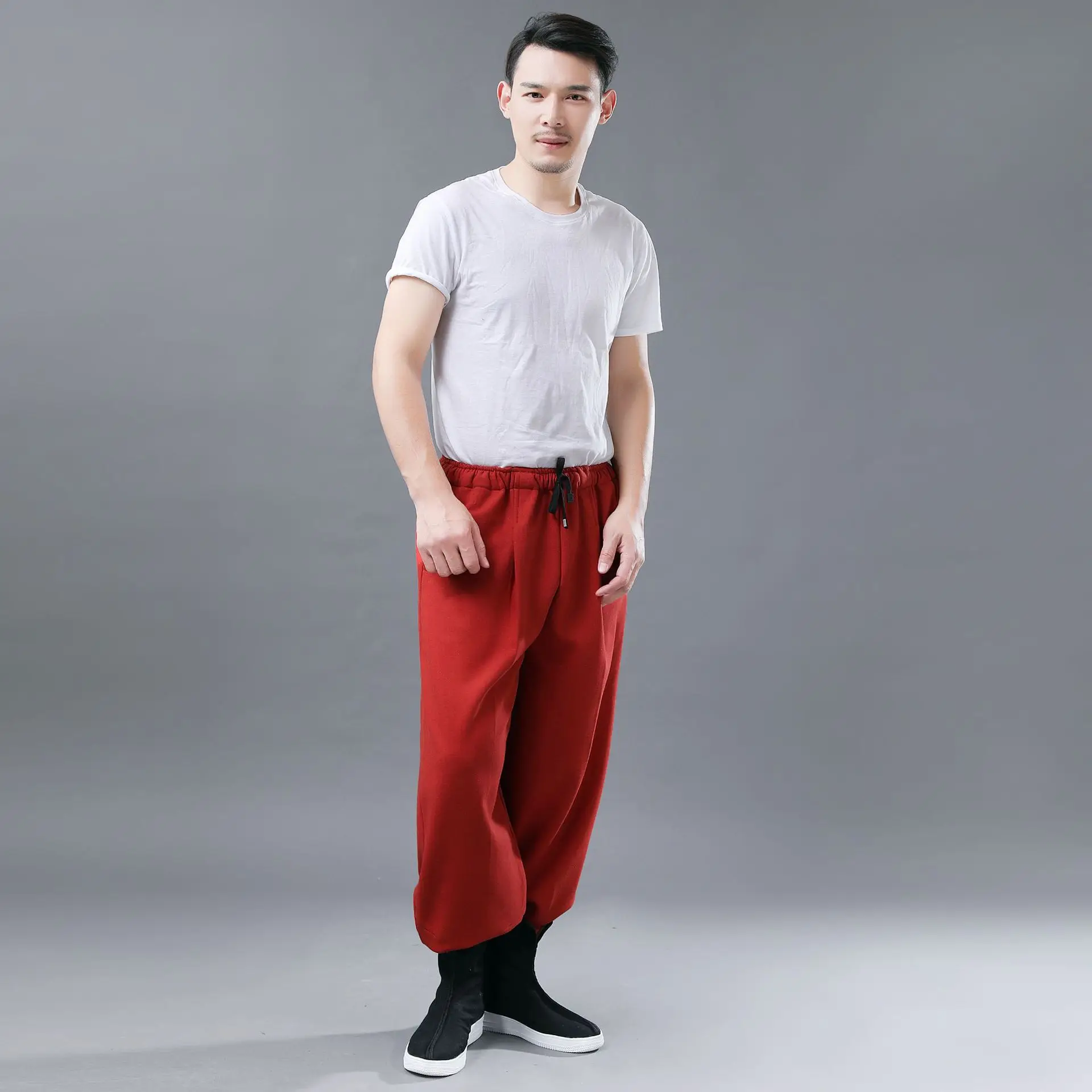 Winter New Style Machete Pants plus Velvet Flax MEN'S Casual Pants Leg Withdrawal Literature And Art-Style Solid Color Cott