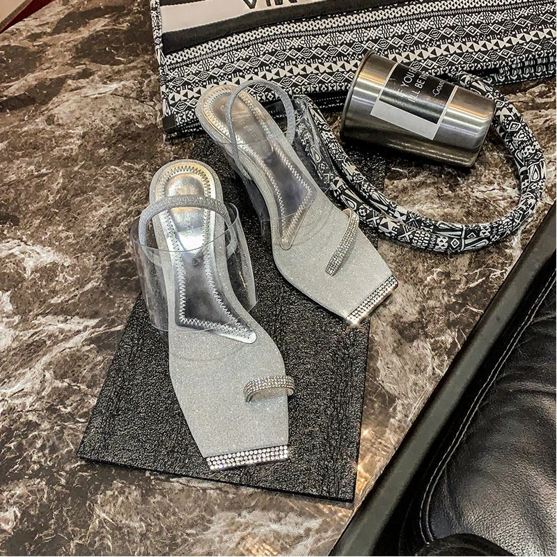 Fashion Rhinestone PVC Transparent Shoes Stilettos High Heels Sandals Women Sexy Party Silver Party Wedding Shoes Ladies Sandals (3)