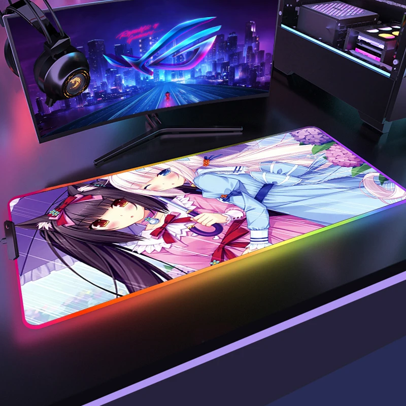 

Настольный коврик Nekopara, коврики для мыши Xxl RGB, коврик для мыши светодиодный кой для ПК, игрового ноутбука, резиновый коврик для мыши, клавиатуры, компьютера, офиса