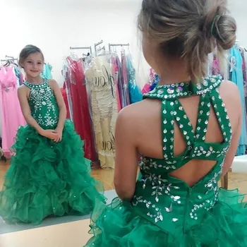 

New Hunter Green Girls Pageant Dresses Beaded Crystals Halter Neck Criss Cross Back Ruffles Organza Puffy Flower Girl Dresses