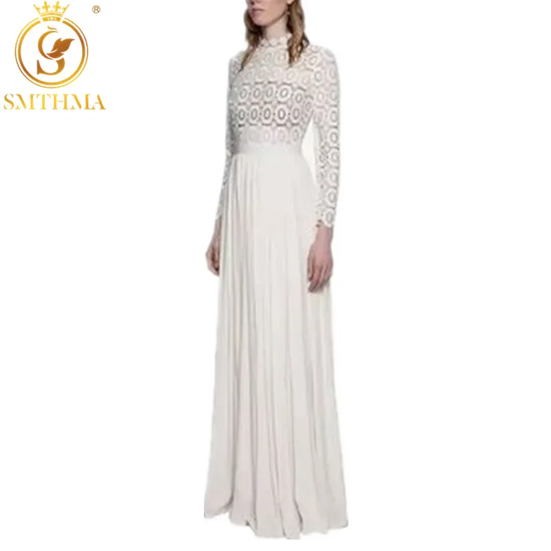 Женское вечернее платье, белое кружевное тонкое платье в повседневном стиле, с длинным рукавом, весна