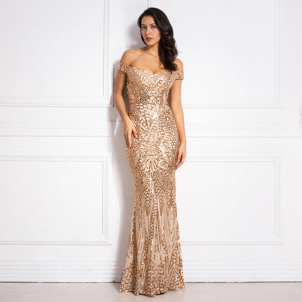 Золотое платье с открытыми плечами и вырезом-лодочкой, облегающее вечернее платье с пайетками, эластичное, с полной подкладкой, облегающее, облегающее, на бедрах, длинное, элегантное платье для клуба