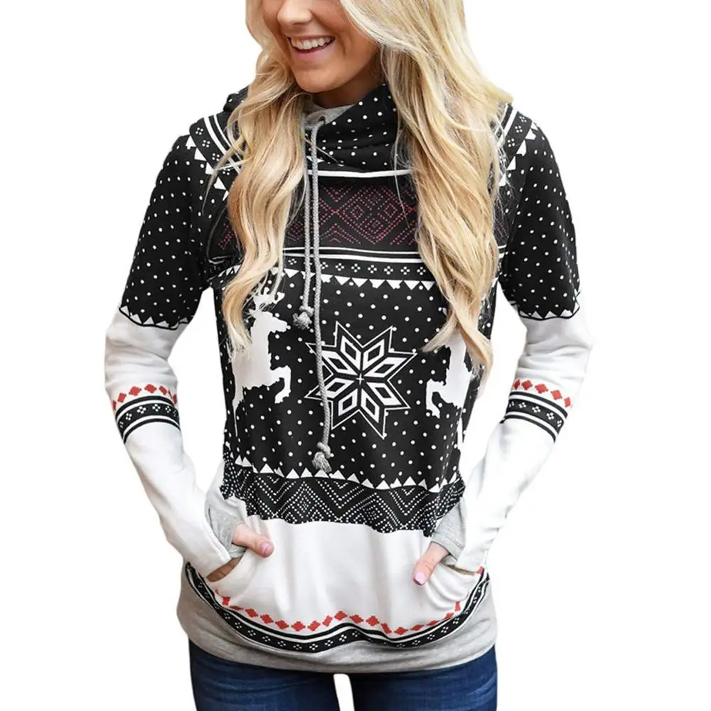 

Kureas Women Hoodies Winter Autumn Fingerless Sleeve Hooded Sweatshirt Casual Patchwork Pullovers Christmas Reindeer Snow Flake