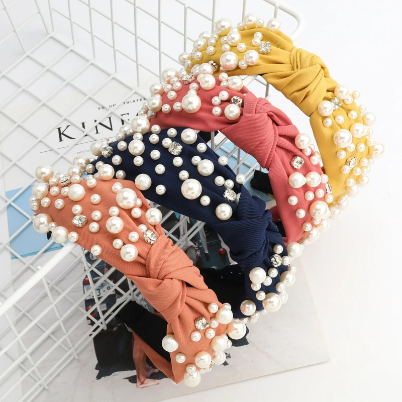 Find Me Solid Color Cloth Knot Headband Imitation Pearl Wide Hair Band For Women Fashion Jewelry Accessories | Украшения и