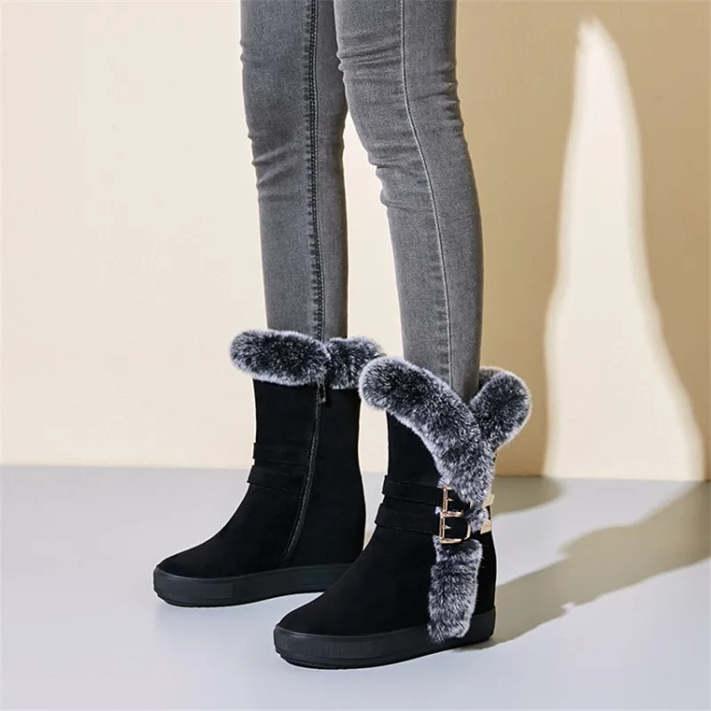 PXELENA Luxury Hidden High Heels Platform Snow Boots Women Waterproof Winter New Buckle Zip Rabbit Fur Plush Warm Shoes 40