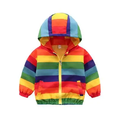 Rainbow Куртки для маленьких девочек; Верхняя одежда для девочек; пальто в радужную полоску с капюшоном; модные детские ветровки; детские пальто - Цвет: Rainbow