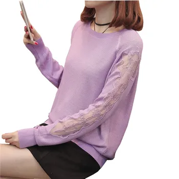 

2020 Autumn new round collar sweater hollow out lace raglan sleeve