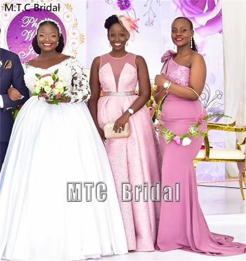 Long Mermaid Bridesmaid Dresses Dusty Rose One Shoulder African Best Women Dress With Bow Lace Maid Of Honor Gowns