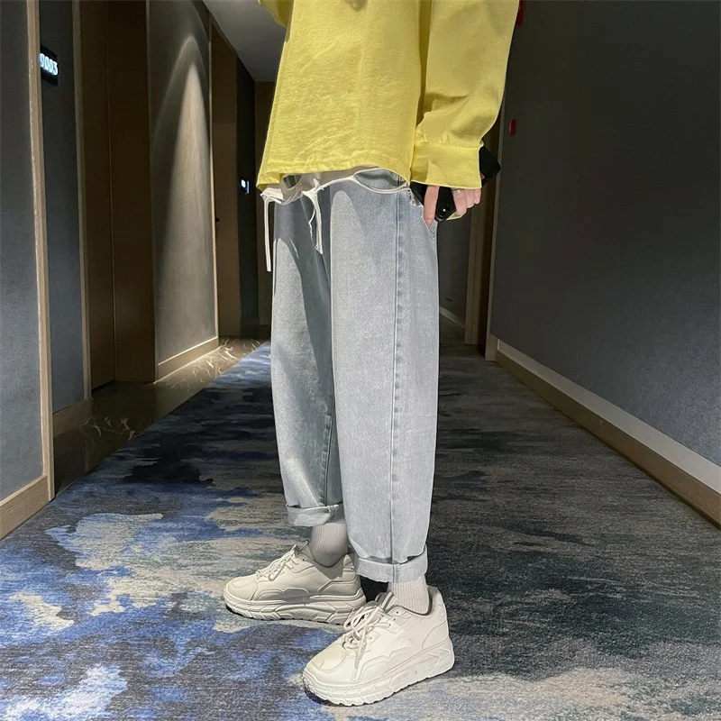 Pantaloni Casual da uomo in Jeans lavati con elastico in vita pantaloni  alla caviglia pantaloni dritti Vintage tinta unita|Jeans| - AliExpress