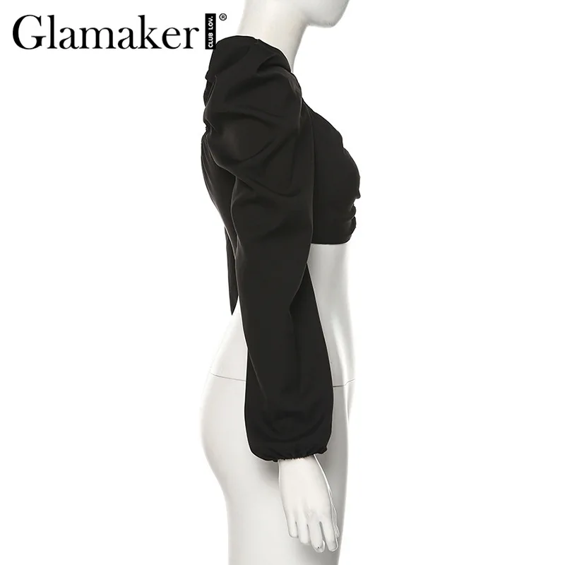 Glamaker, квадратный воротник, рукав-пузырь, блузка, для женщин, сексуальные, вечерние, для клуба, с открытой спиной, плиссированный, укороченный топ, высокая уличная белая футболка для женщин
