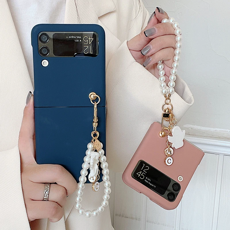 galaxy z flip3 5g case Korean Z Flip3 Plain Color Phone Case For Samsung Galaxy Z Flip 3 5G 3D Cartoon Angel Baby Pendant With Pearl Bracelet Cover z flip3 cover