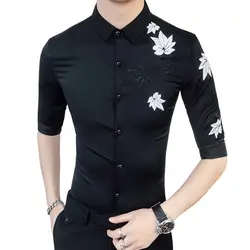 2019 Мужская рубашка с вышивкой высокого качества Camisa Masculina Blcak белая рубашка с коротким рукавом ночной клуб Chemise Homme уличная