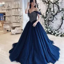 Бальные платья королевский синий V образным вырезом предложение плечо Блеск Тюль Линия Длина пола стиль принцессы красивые свадебные