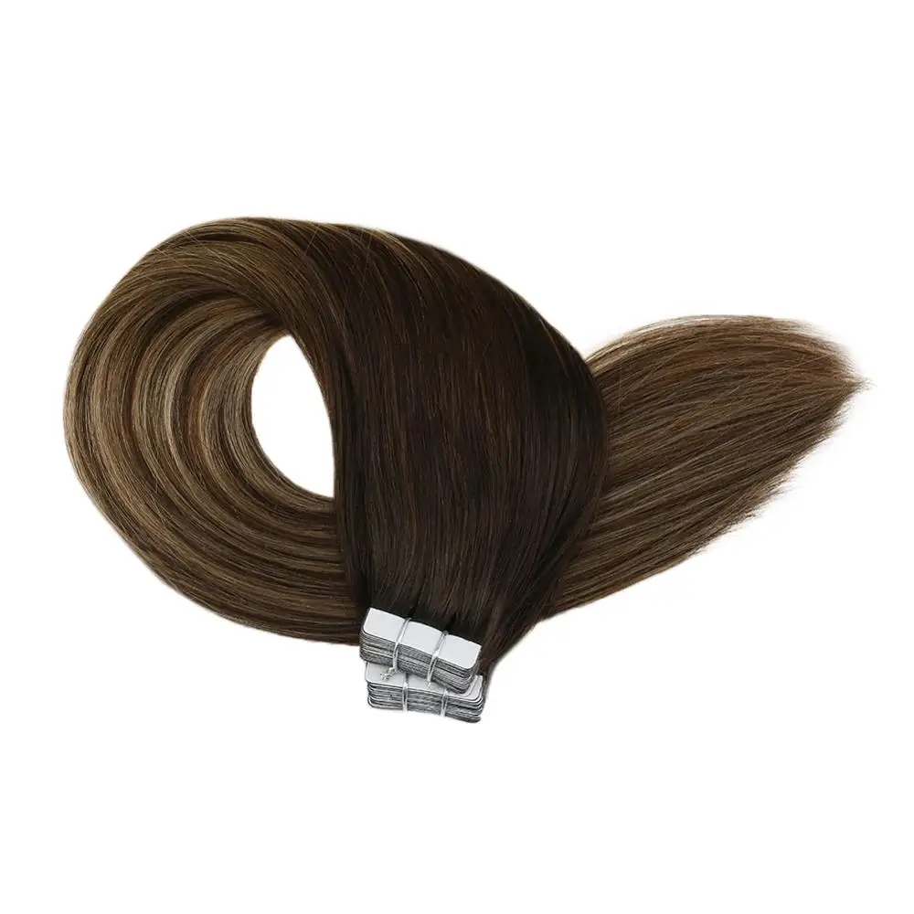 Moresoo Tape in Hair Extensions Human Hair Machine Remy Hair Balayage Ombre Color #1B to #3 Brown Highlighted with #27 Blonde