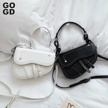 

[GOGD]Fashion Designer Pu Leather Crossbody Shoulder Bags For Women With Acrylic Chain Lady Casual Travel Saddle Handbag Luxury