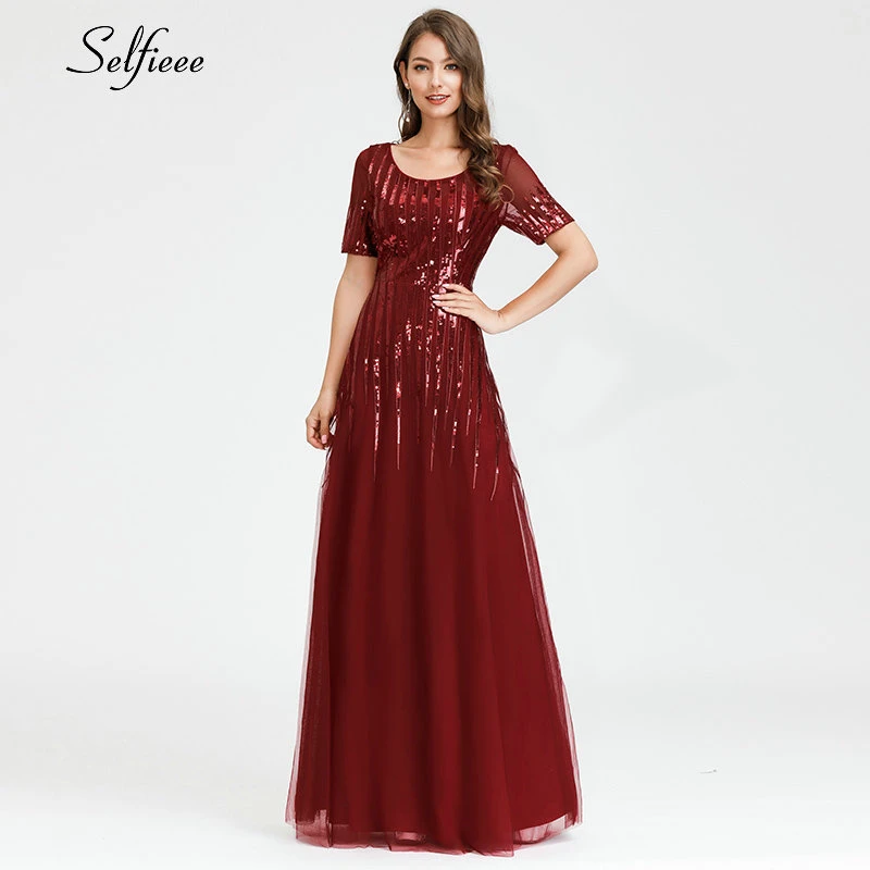 

Sparkle Burgundy Maxi Dress A-Line O-Neck Short Sleeve Sequined Tulle Striped Party Dress Women Elegant Summer Dress Sukienki