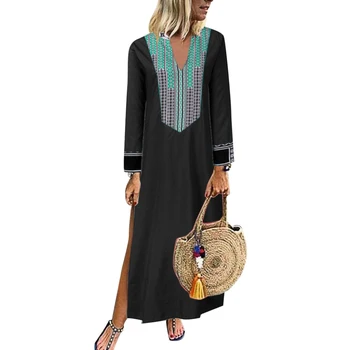 

Autumn Women Geometric Print V Neck Long Sleeve Loose Split Kaftan Maxi Dress