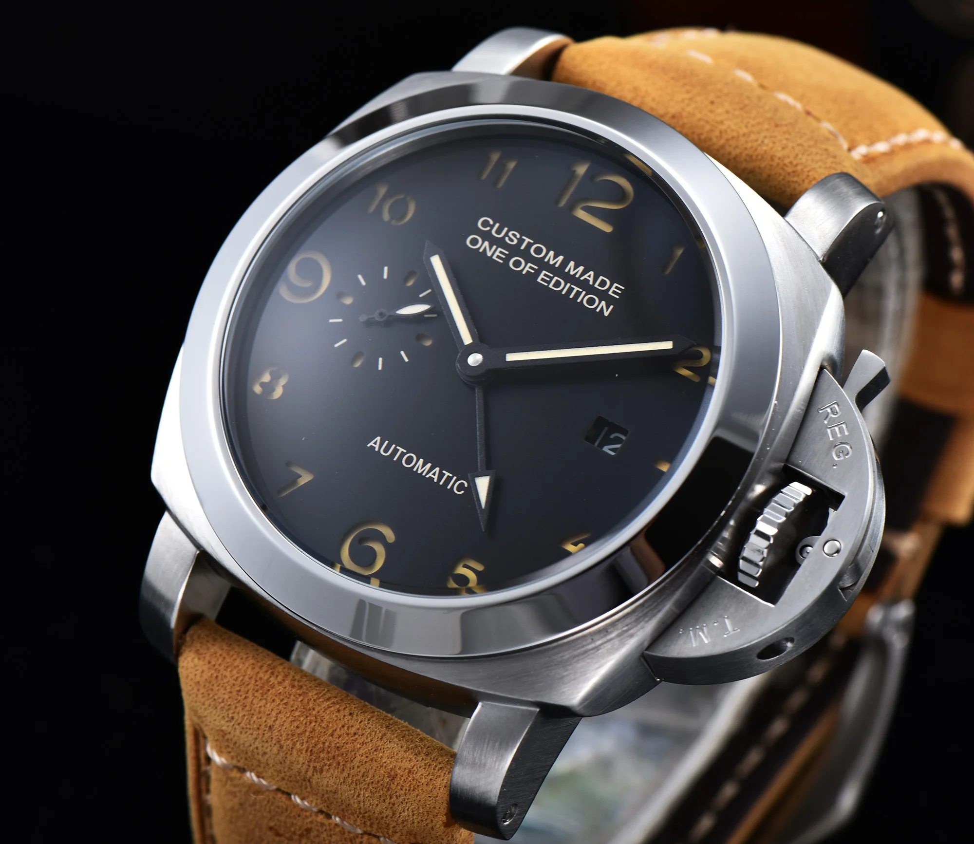 

Watch 44mm silver stainless steel case seagull automatic movement military leather strap date a4