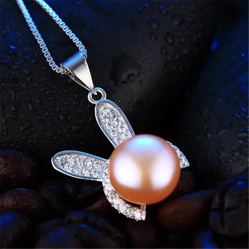Dainashi High Quality Genuine Natural Freshwater Pearl Necklace Women 925 Sterling Silver Zircon Rabbit Pendant Necklace