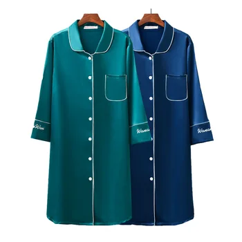 

Women's Nightdress Autumn Long-Sleeved Simple Night Dress Women Sleepwear Solid Loose Pijamas Turn-down Collar Silk Nightgown