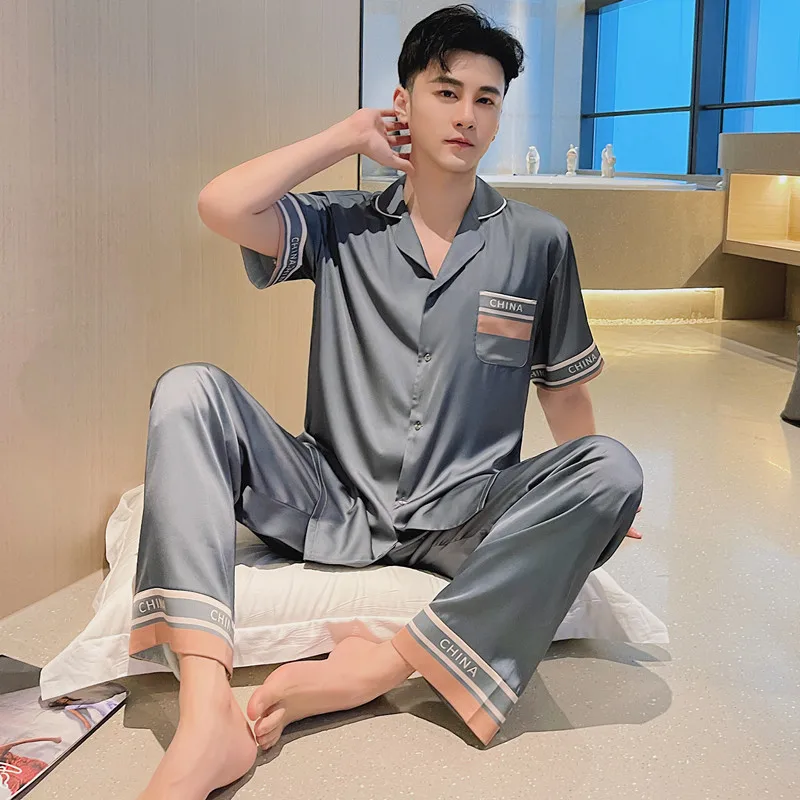 

Tulin Fashion Summer Gray Men Pajamas Set Short Sleeve Shirt&Pants Satin Silky Waist 2PCS Sleepwear Casual Trousers Suit