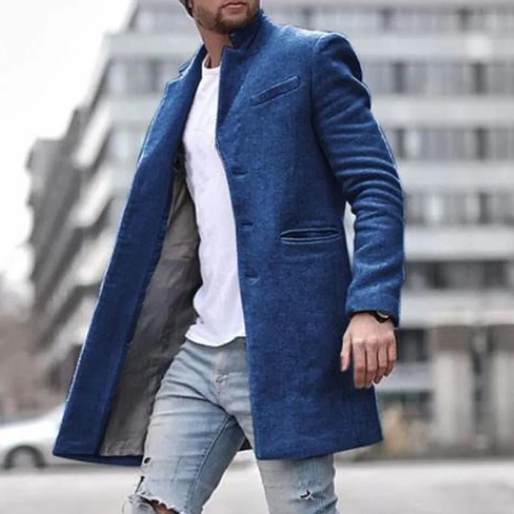 Low Price Wool Blends Men Fashion Autumn Spring Plian Office Vintage Causal Long Blazer Winter Coat 4 Colors Plus Size 3XL Overcoat Black