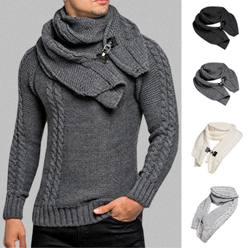 Autumn Warm Sweater Men Fashion Solid Detachable Scarf Turtleneck Christmas Sweater Male Winter Casual Outerwear Pullover Coat Autumn Warm Sweater Men Fashion Solid Detachable Scarf Turtleneck Christmas Sweater Male Winter Casual Outerwear Pullover Coat