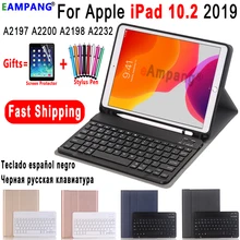 Чехол для iPad 10,2, чехол для клавиатуры с карандашом, держатель для Apple iPad 7, 7-го поколения, A2197, A2198, русская, испанская, английская клавиатура